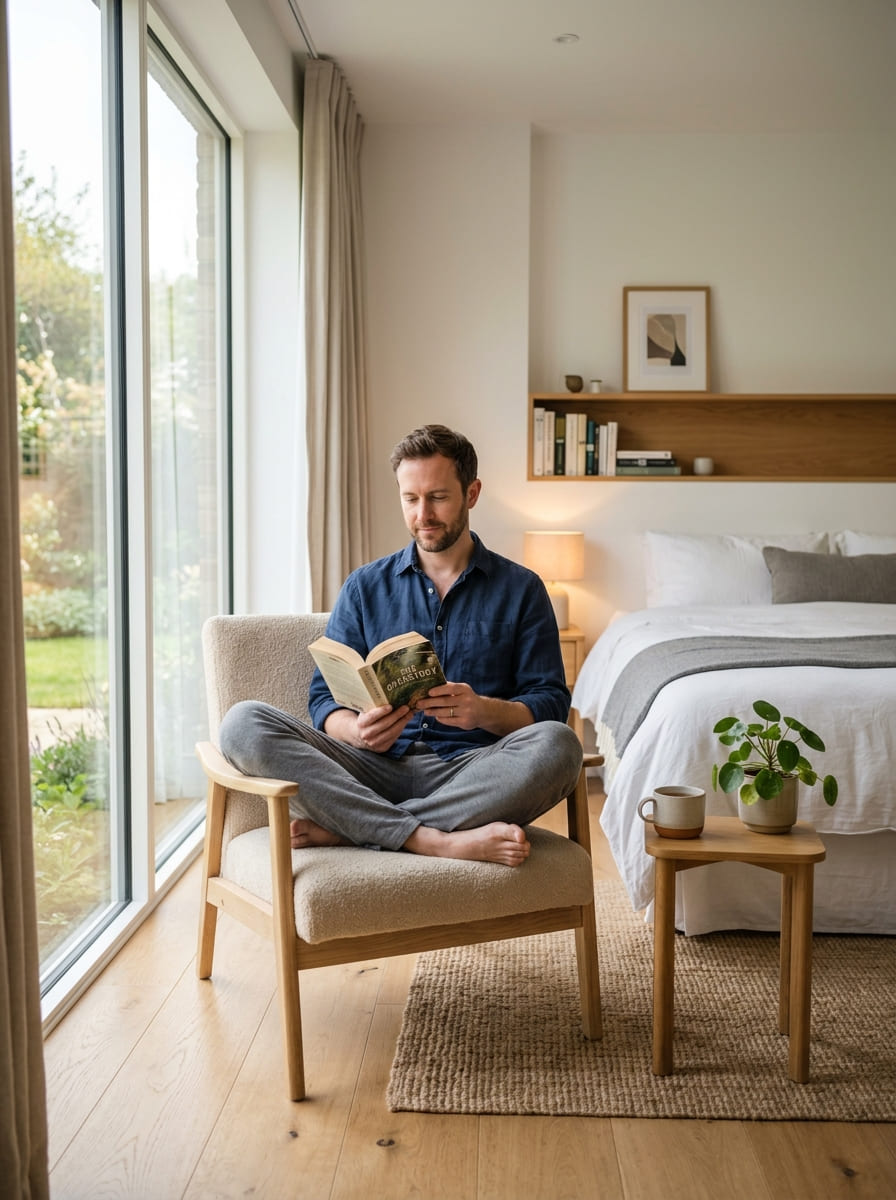 Relaxed man reading a book in a peaceful room
